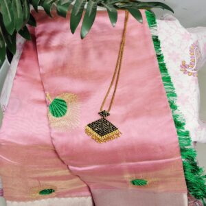 Pink Organza Saree with Silver Border & Green tassels
