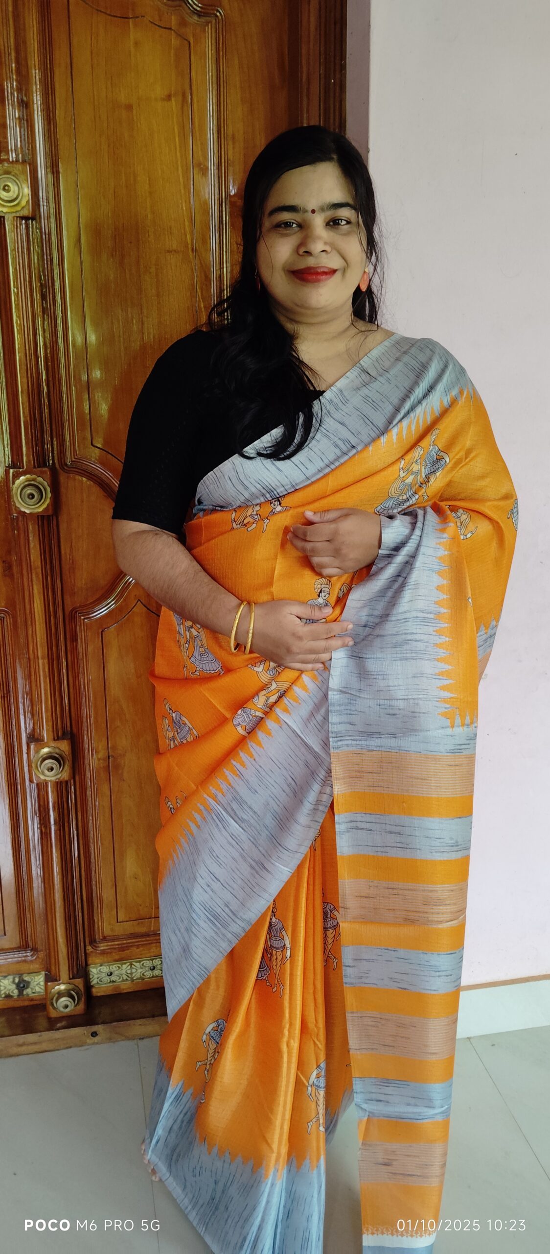 Orange & Grey Semi Cotton Saree with Traditional Kalamkari Print| Plain Grey Blouse Piece - Image 2