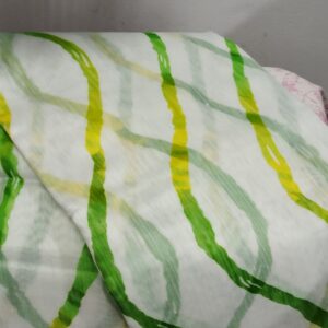 White Cotton Saree with vibrant waves of green and yellow lines